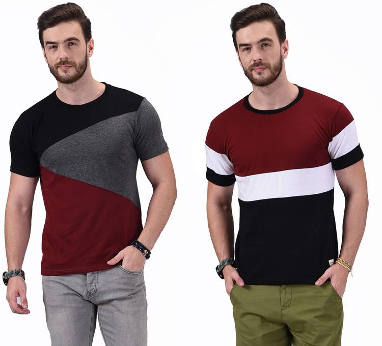 Color Block Men Round Neck Maroon, Black T-Shirt