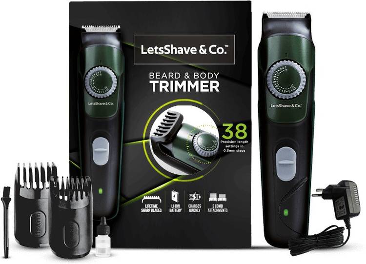 LetsShave & Co. Beard & Body Trimmer with Lithium-ion Battery, Cordless, Stainless Steel Blade, 38 length settings, Fast charging, 140 min run time  Runtime: 140 min Trimmer for Men & Women