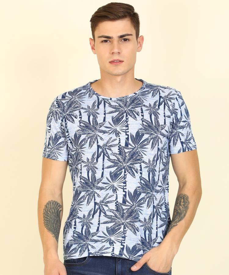 Printed Men Round Neck White, Blue T-Shirt