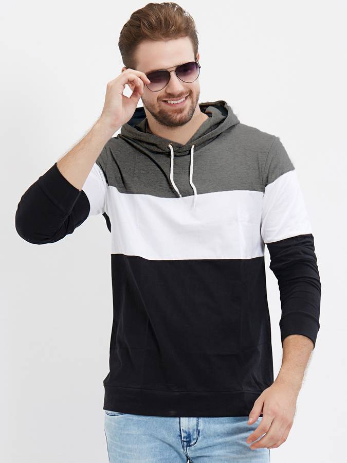 Color Block Men Hooded Neck White, Black, Grey T-Shirt