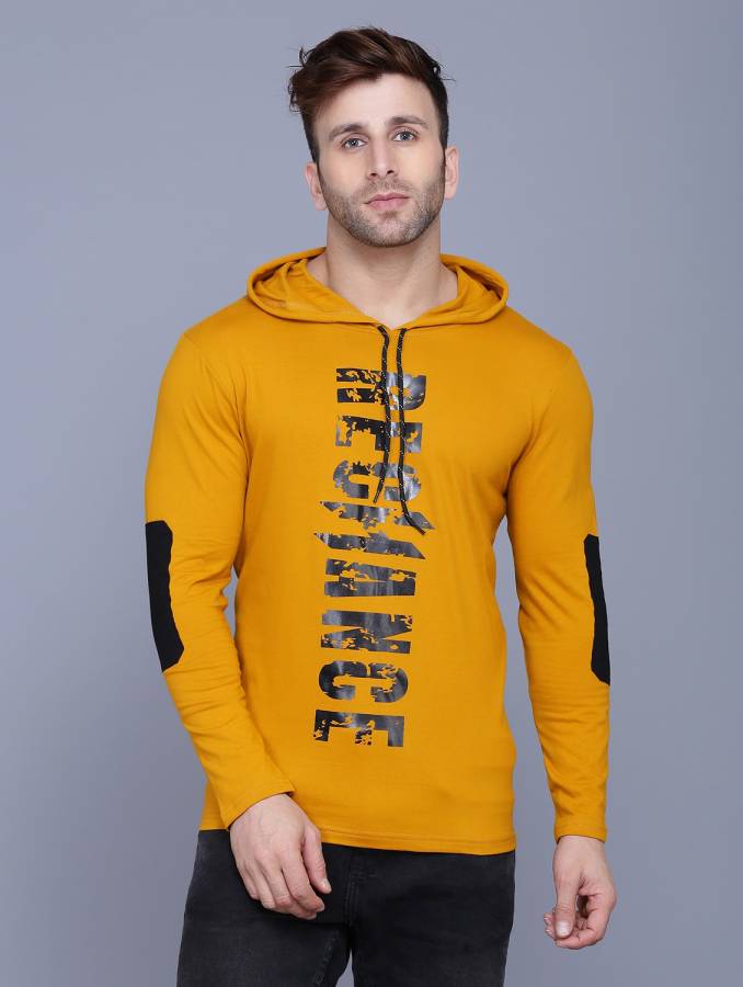 Printed Men Hooded Neck Gold T-Shirt Price in India