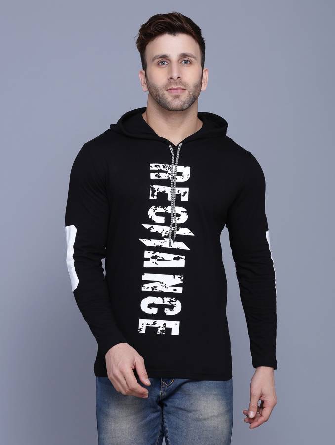 Printed Men Hooded Neck Black T-Shirt Price in India