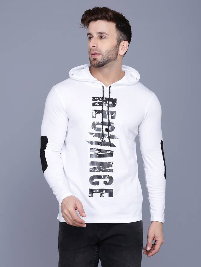 Printed Men Hooded Neck White T-Shirt