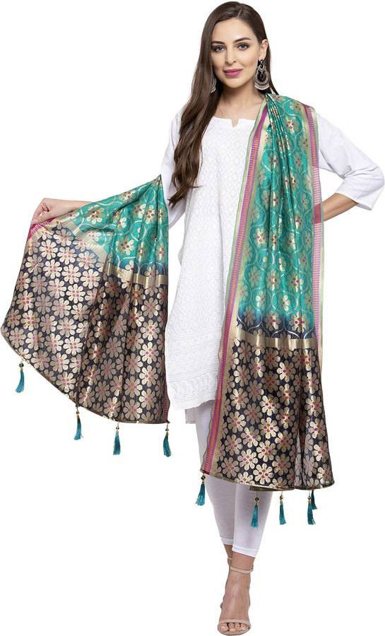 Net, Jacquard Woven Dark Green, Blue Women Dupatta