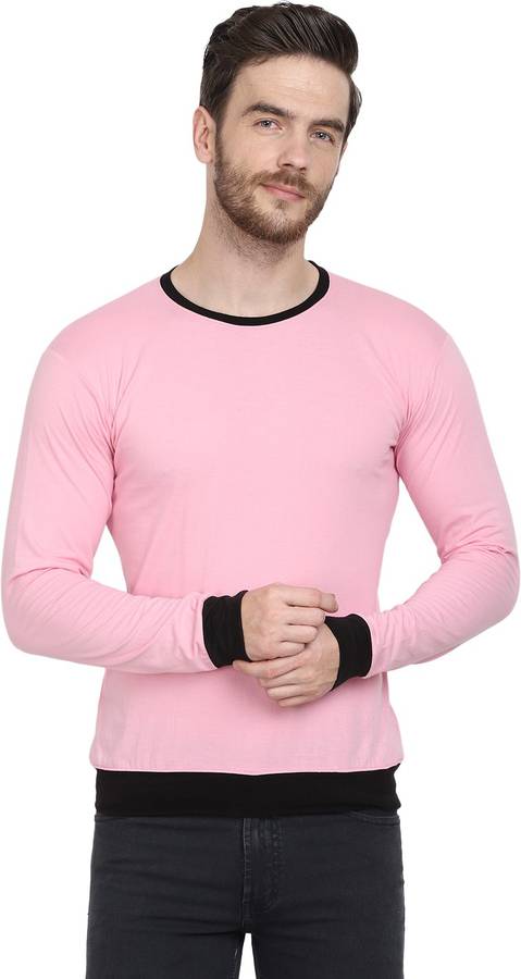 Color Block Men Round Neck Pink T-Shirt