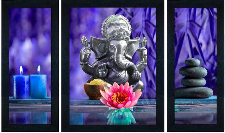 SAF Ganesha Set of 3 UV Textured Multi-Effect Digital Reprint 22 inch x 14 inch Painting