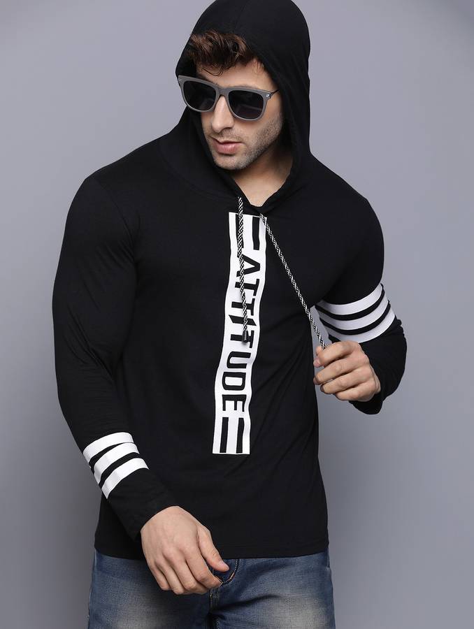 Typography Men Hooded Neck Black T-Shirt