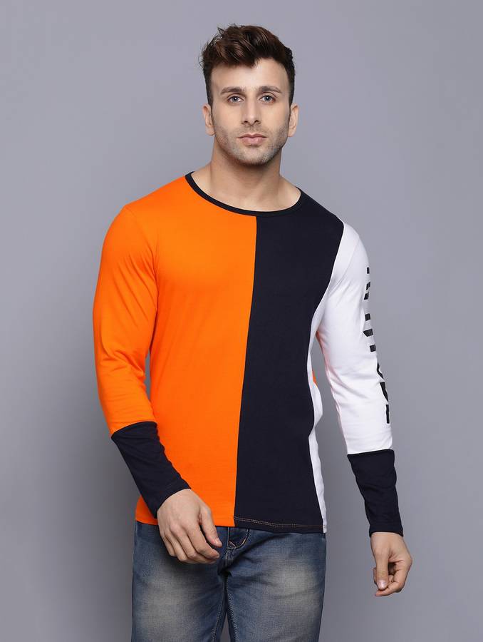 Color Block Men Round Neck Orange T-Shirt