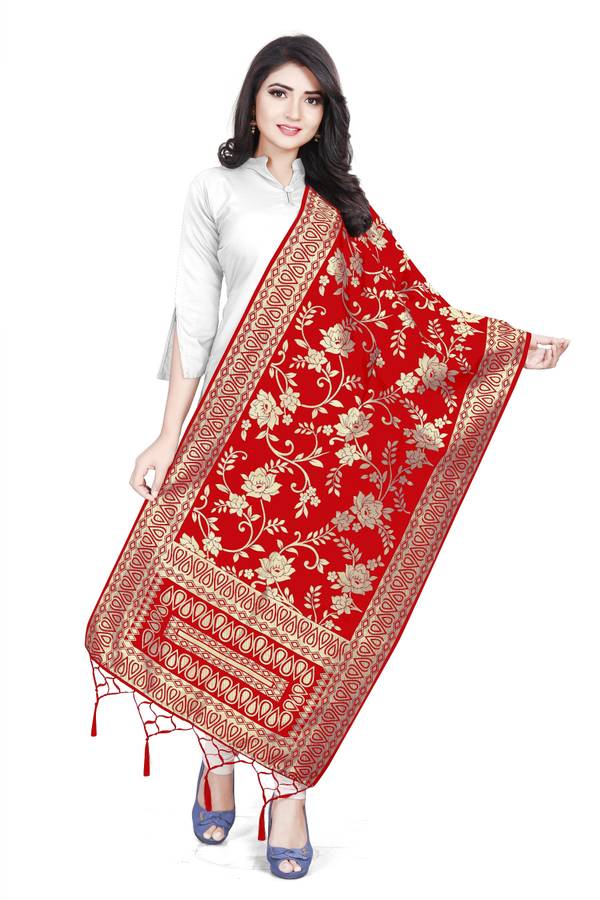 Art Silk, Jacquard Embroidered Red Women Dupatta