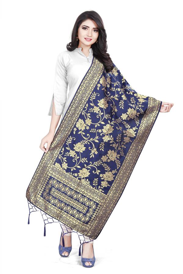 Art Silk, Jacquard Embroidered Blue Women Dupatta