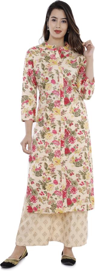 Women Floral Print Pure Cotton Frontslit Kurta Price in India