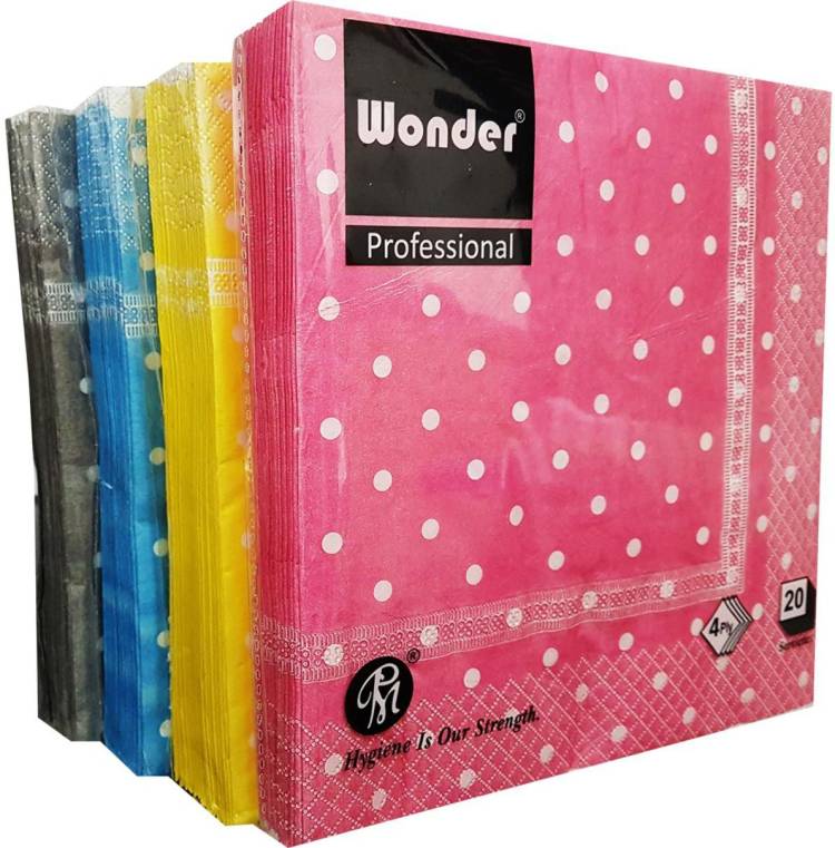 Wonder PROFESSIONAL - SUPERSOFT, Polka Dotts Pink, Yellow, Blue, Grey Colour Table Tissue Napkins - PACK OF 4 Multicolor Napkins