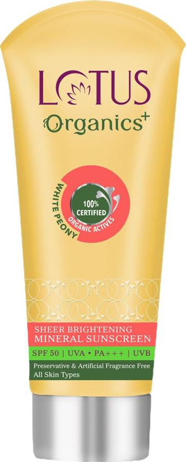 Lotus Organics+ Brightening Face Sunscreen Cream, SPF 50 PA+++, For Fairness, Natural, Mineral Based, 100% Chemical Free, Certified Organic Actives - SPF 50 PA+++ Price in India