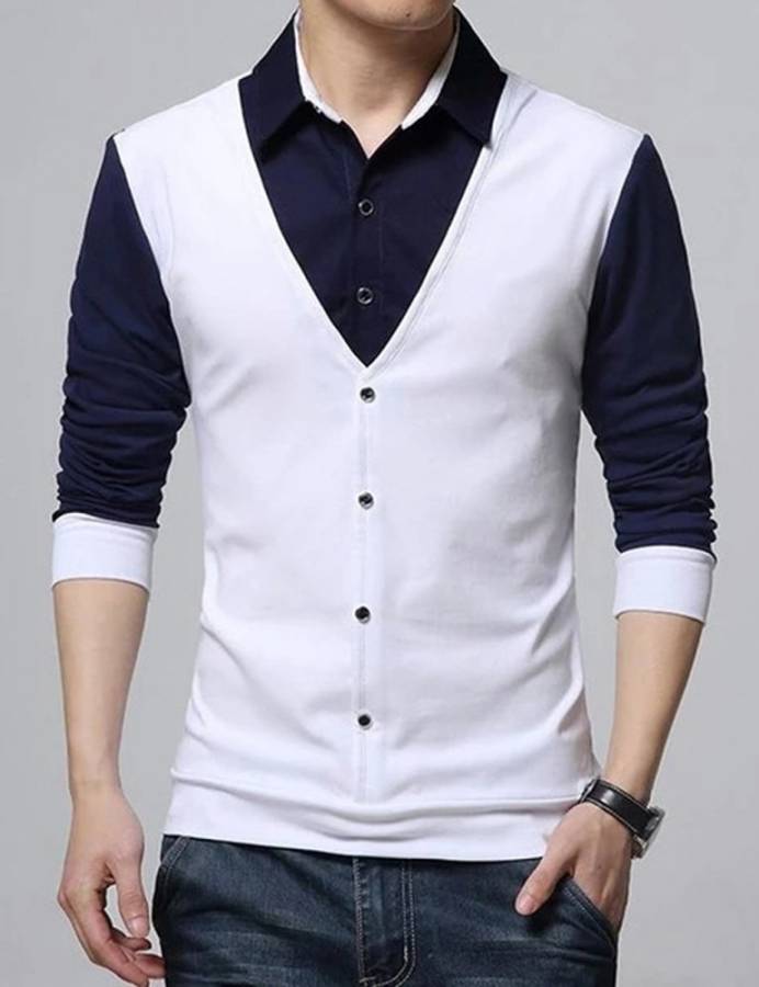 Solid Men Polo Neck White T-Shirt Price in India