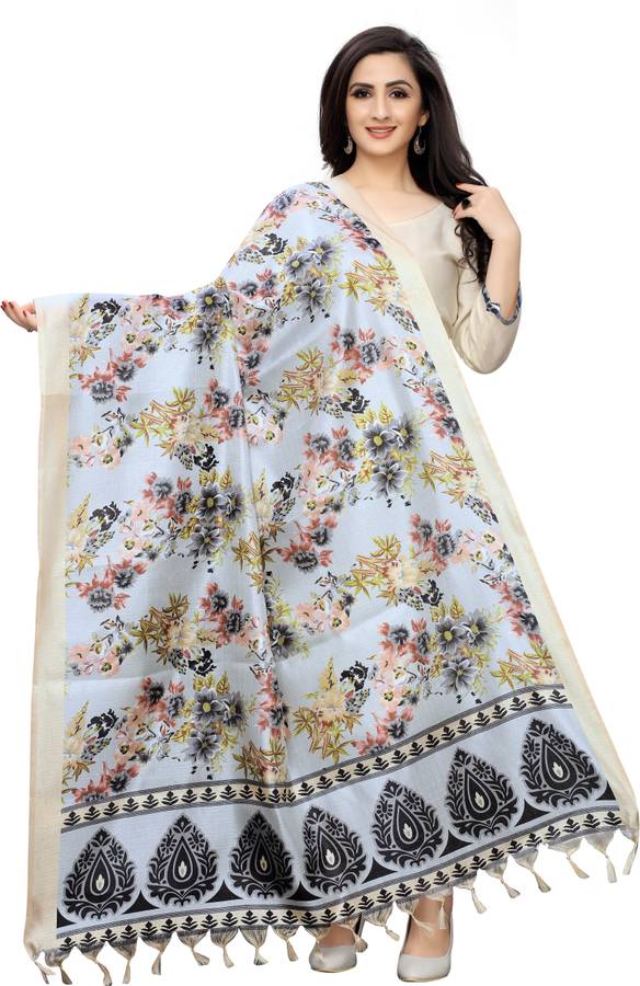 Khadi Silk, Art Silk Floral Print Blue Women Dupatta