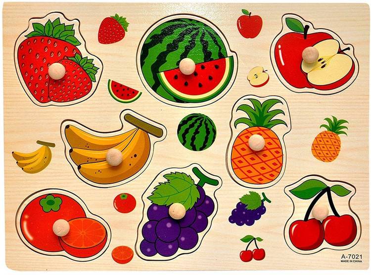 Johnnie Boy Fruit shape Wooden Puzzle Board for Kids with Knobs & Pictures, Colorful Early Learning & Educational Montessori Toys for Kindergarten & Pre-School Toddlers