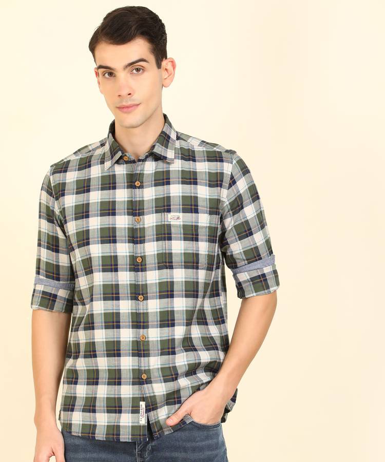 Men Slim Fit Checkered Collarless Collar Casual Shirt