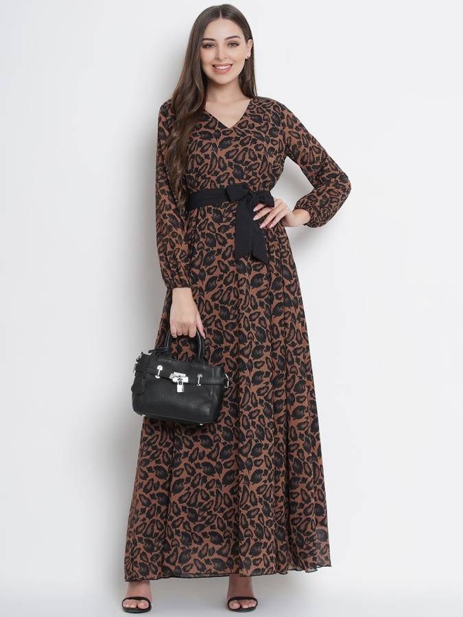 Women Maxi Brown Dress With Mask Price in India