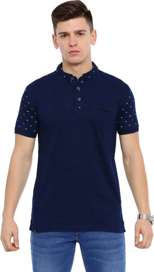 Printed Men Polo Neck Dark Blue T-Shirt