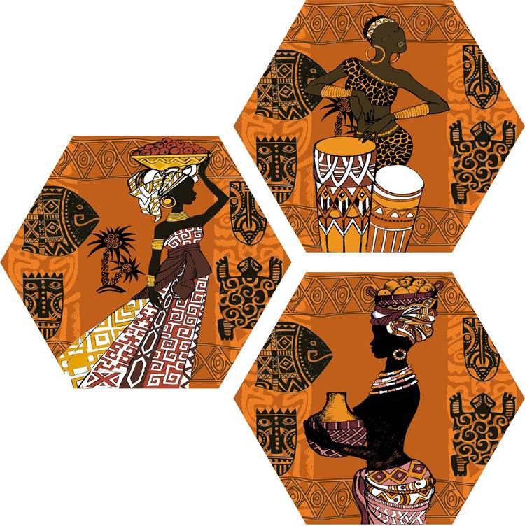 Janki Modern Art African Lady Playing Music 3 Piece Set of 3 6mm MDF Wall Painting Digital Reprint 21.5 inch x 21.5 inch Painting