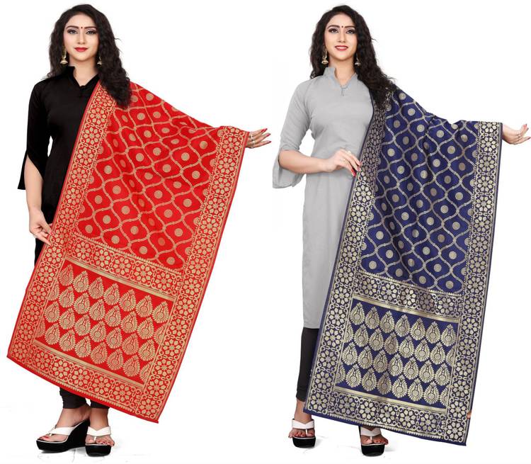 Art Silk, Jacquard Woven Dark Blue, Red Women Dupatta