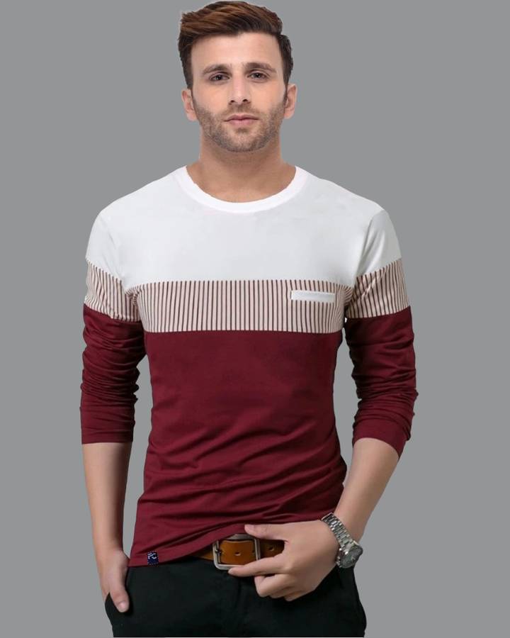 Striped Men Round Neck White, Maroon T-Shirt