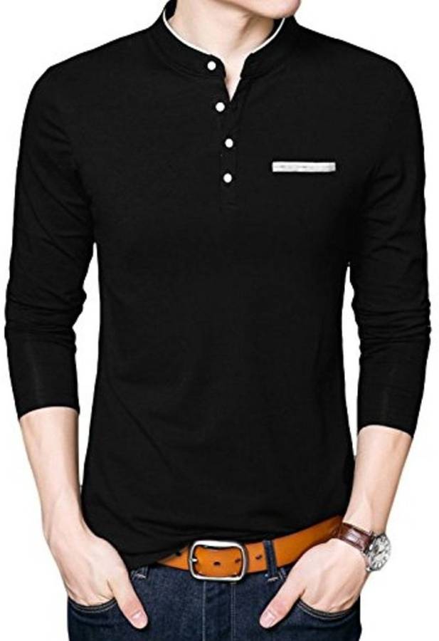 Solid Men Mandarin Collar White, Black T-Shirt