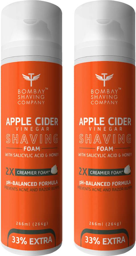 Bombay Shaving Company Apple Cider Vinegar Shaving Foam with Apple Cider Vinegar, Salicylic Acid, Honey and 2X Creamier Formulae for Superior Glide and Protection 266 ml (33% Extra) Pack Of 2