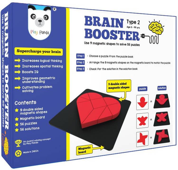 PLAY PANDA Brain Booster Type 2 (Junior) - 56 Puzzles Designed to Boost Intelligence - with Magnetic Shapes, Magnetic Board, Puzzle Book and Solution Book