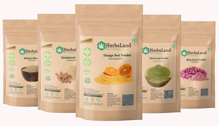 HerbsLand 100% Bio Multani Mitti Sandalwood (Chandan) Orange Peel Neem Leaf Rose Petals Powder for Face and Skin (50gm each) Price in India