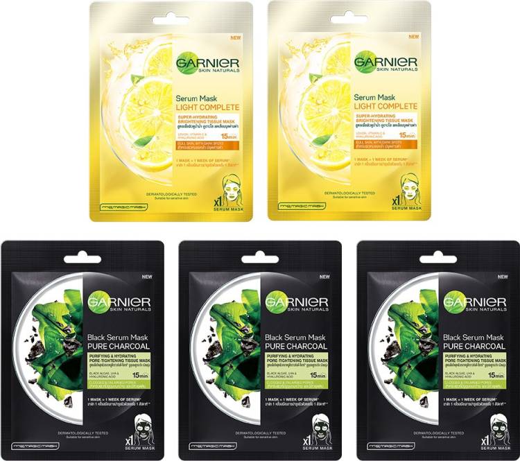 Garnier Skin Naturals Face Serum Sheet Mask Pack of 5 (3 Charcoal + 2 Light Complete) Price in India