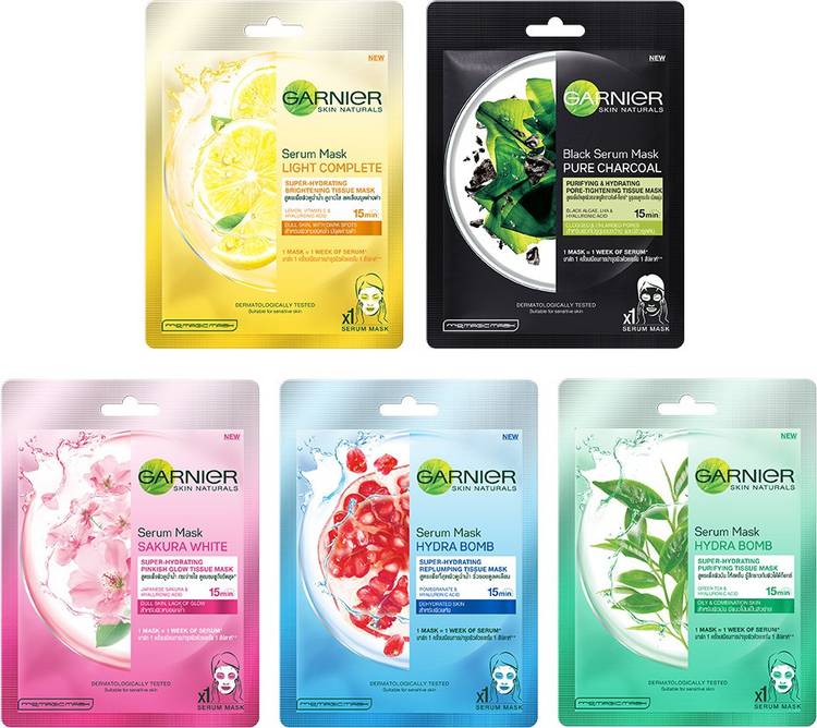 GARNIER Skin Naturals, Face Serum Sheet Mask Pack of 5 (Light Complete + Hydra Bomb Blue + Sakura White + Hydra Bomb Green + Charcoal) Price in India