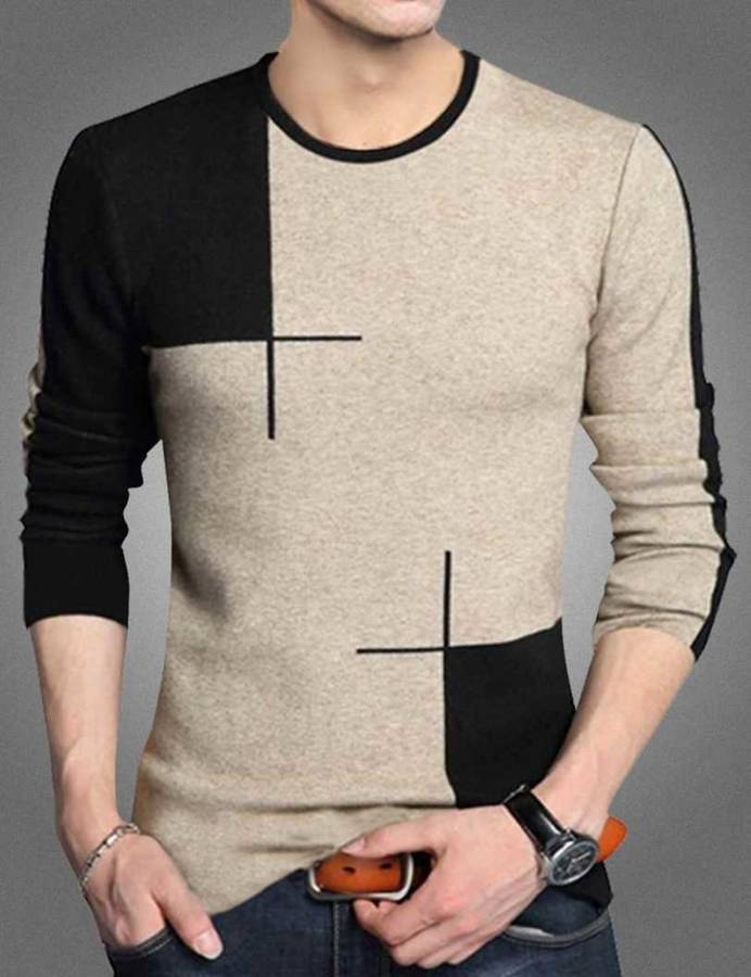 Color Block Men Round Neck Black, Beige T-Shirt