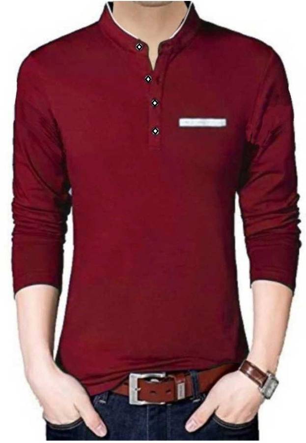 Solid Men Mandarin Collar White, Maroon T-Shirt