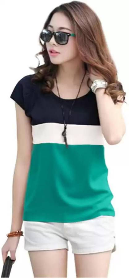 Color Block Women Round Neck Green T-Shirt