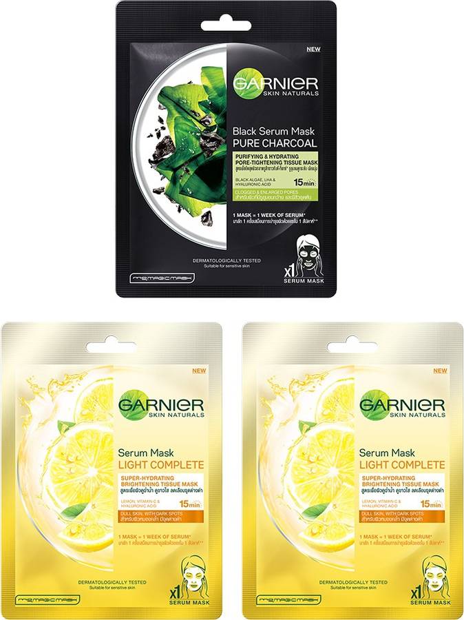 Garnier Skin Naturals Sheet Mask Pack of 3 (2 Light Complete + 1 Charcoal)