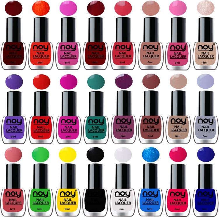 NOY Shine Nail Paint Polish Combo Set of 24 in Wholesale Price Multicolor Bulk Rate Nail Lacquer Combo No-03 Violet,Brown,Nude,Light Grey,Pink,Dark Wine,Nude,Orange,Pink and Many More Price in India