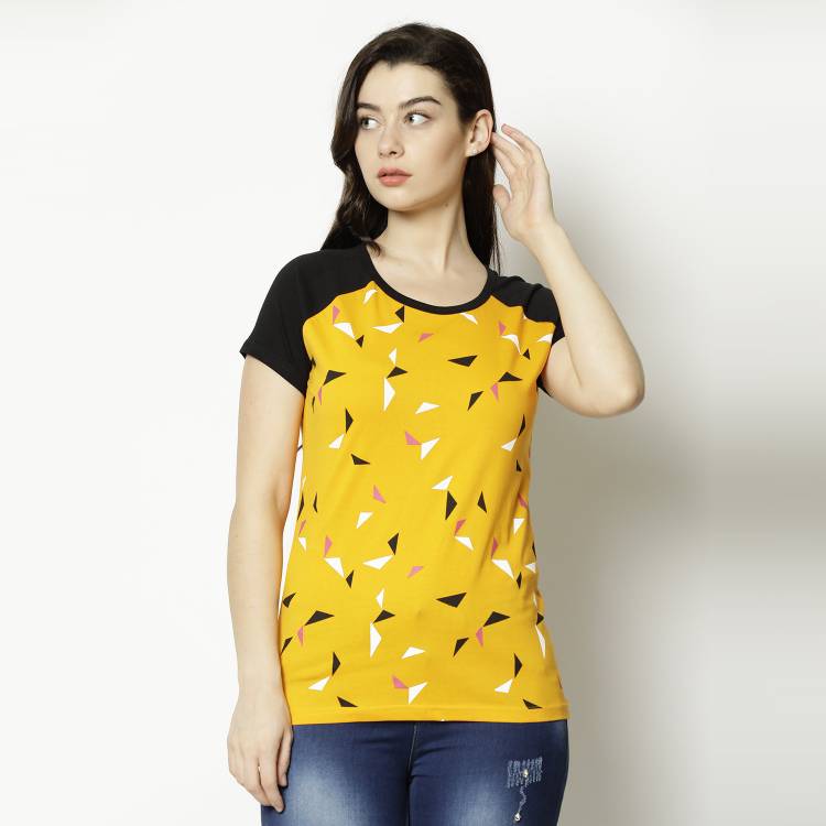 Printed Women Round Neck Yellow T-Shirt