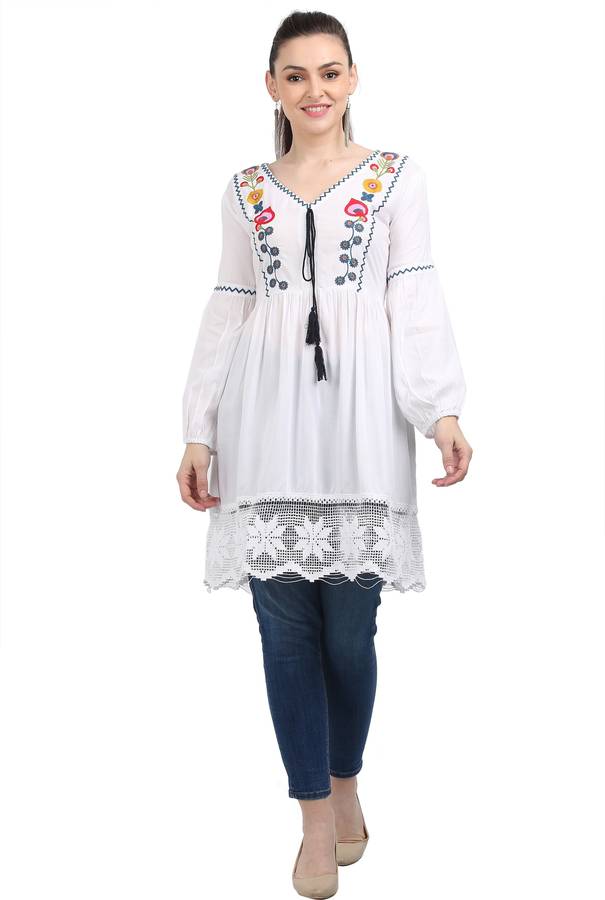 Casual Full Sleeve Embroidered Women White Top