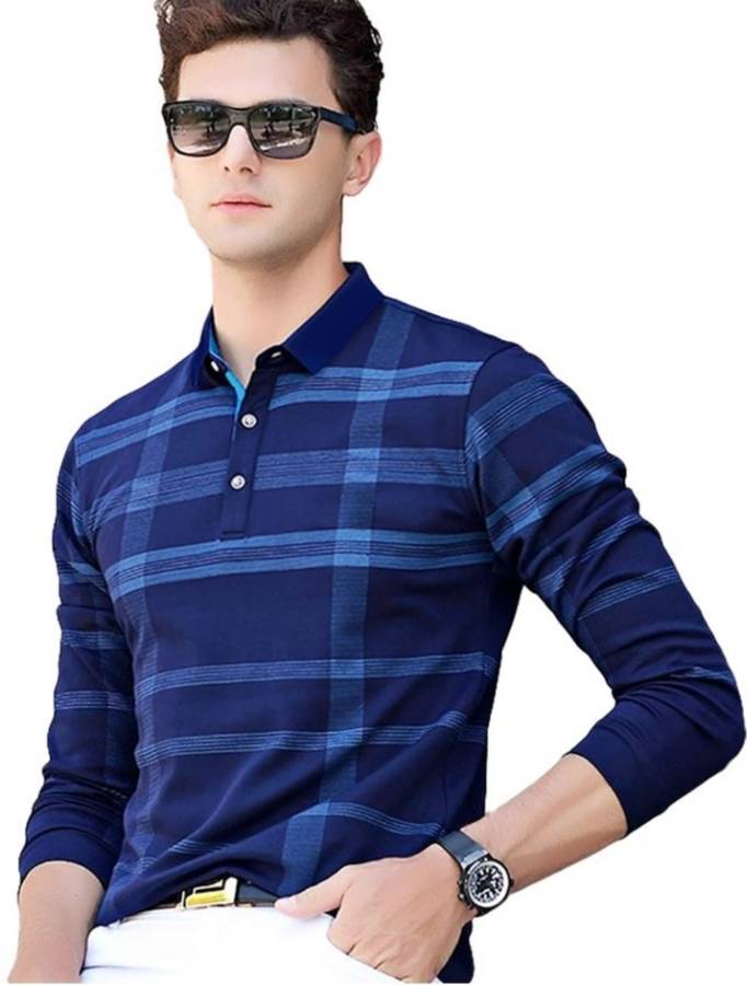 Checkered Men Collared Neck Blue T-Shirt Price in India