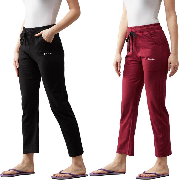 Solid Women Maroon, Black Track Pants