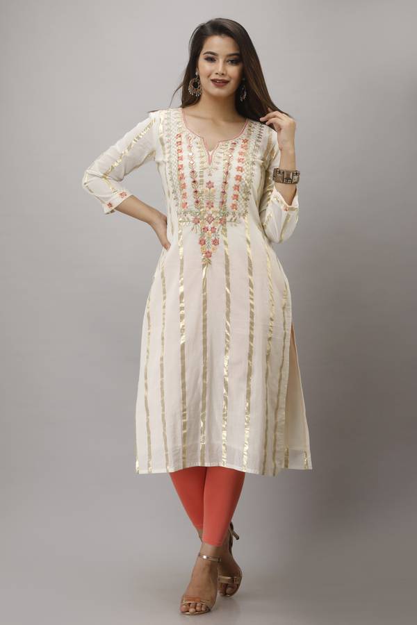 Women Embroidered, Striped Cotton Rayon Blend Straight Kurta