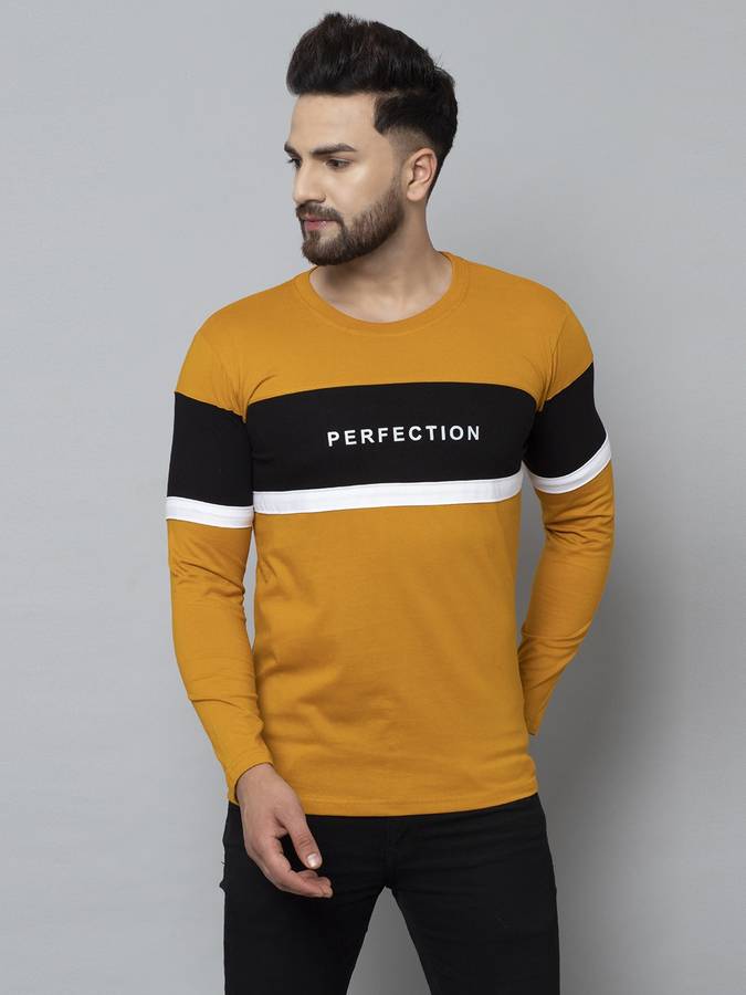 Color Block Men Round Neck Yellow T-Shirt