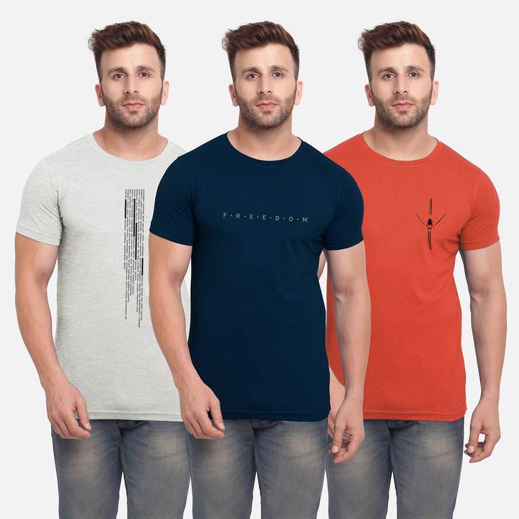 Printed Men Round Neck Blue, Grey, Orange T-Shirt