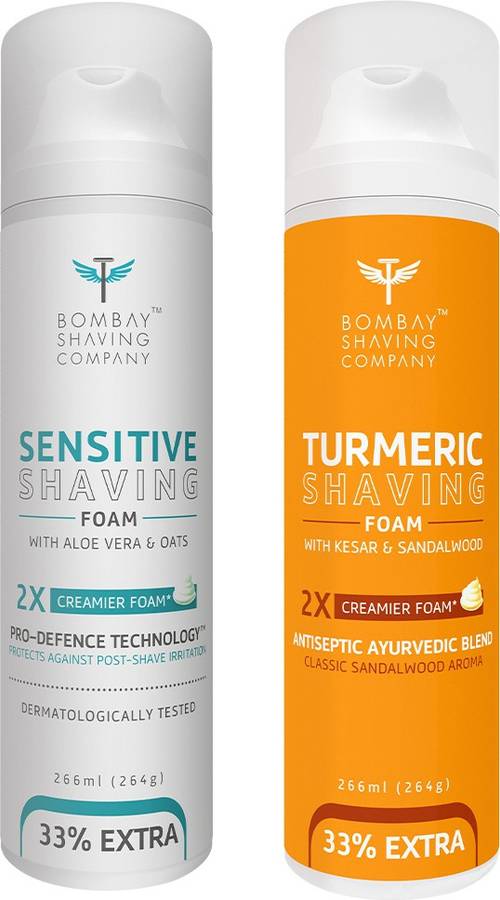 BOMBAY SHAVING COMPANY Sensitive Shaving Foam with Aloe Vera, Oats, Menthol and 2X Creamier Formulae for Superior Glide and Protection 266 ml (33% Extra) (266 g) & Turmeric Shaving Foam with Turmeric, Sandalwood, Kesar and 2X Creamier Formulae for Superi