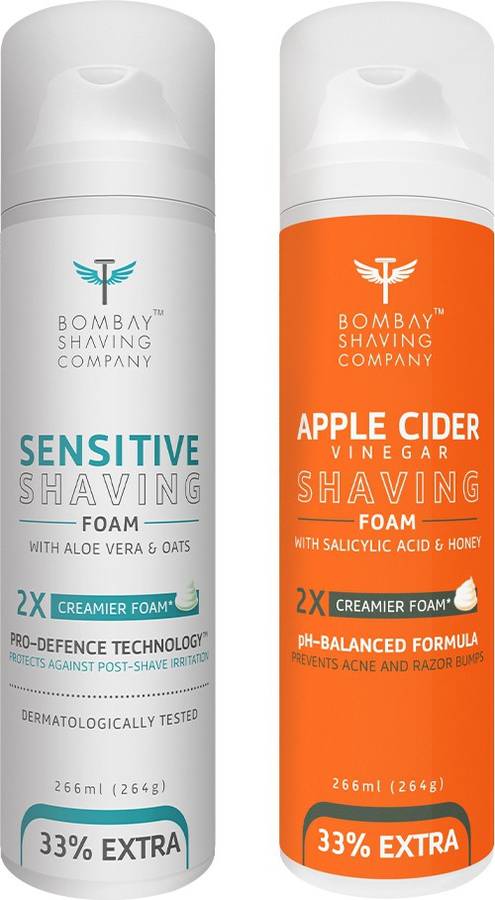 BOMBAY SHAVING COMPANY Sensitive Shaving Foam with Aloe Vera, Oats, Menthol and 2X Creamier Formulae for Superior Glide and Protection 266 ml (33% Extra) (266 g) & Apple Cider Vinegar Shaving Foam with Apple Cider Vinegar, Salicylic Acid, Honey and 2X Cr