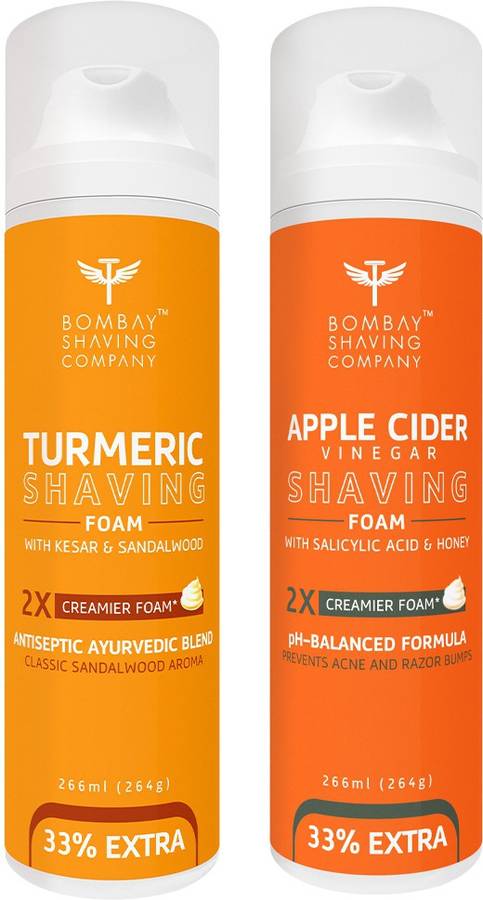Bombay Shaving Company Turmeric Shaving Foam with Turmeric, Sandalwood, Kesar and 2X Creamier Formulae for Superior Glide and Protection 266 ml (33% Extra) (266 g) & Apple Cider Vinegar Shaving Foam with Apple Cider Vinegar, Salicylic Acid, Honey and 2X 