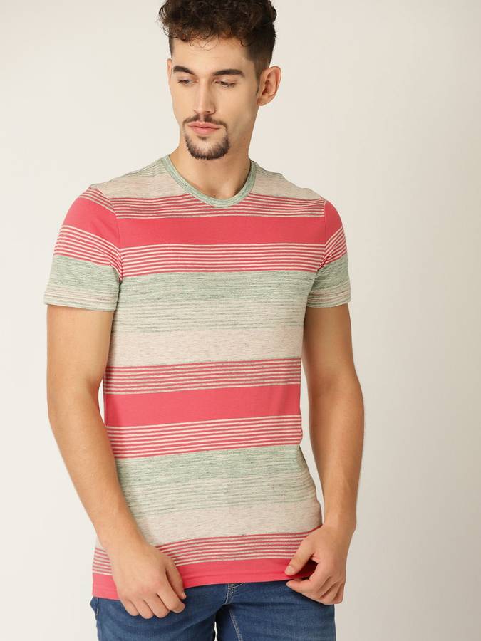 Striped Men Round or Crew Green T-Shirt