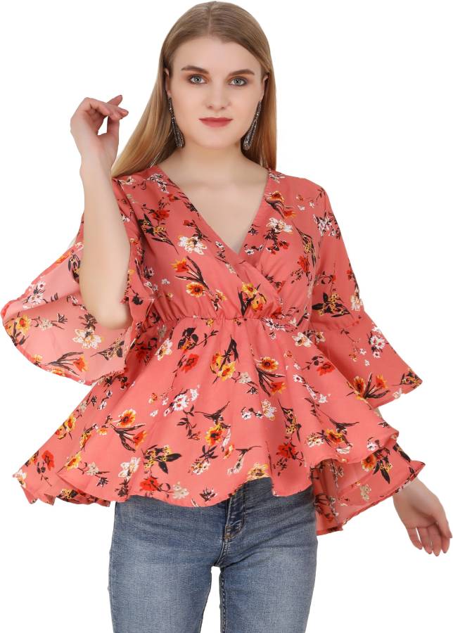 Casual Regular Sleeves Printed Women Orange Top Price in India