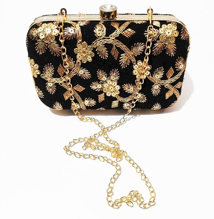 Casual, Party, Formal Black, Gold  Clutch Price in India